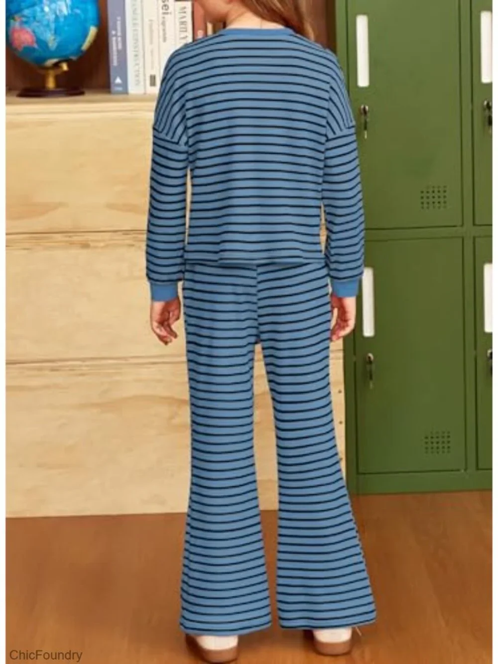 Girls Long Sleeve Striped Outfit Set Waffle Knit Size 6-15